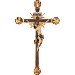 Cristo Barroco en cruz con Evangelistas y rayos con Titulus Crucis en hebreo - latín - griego